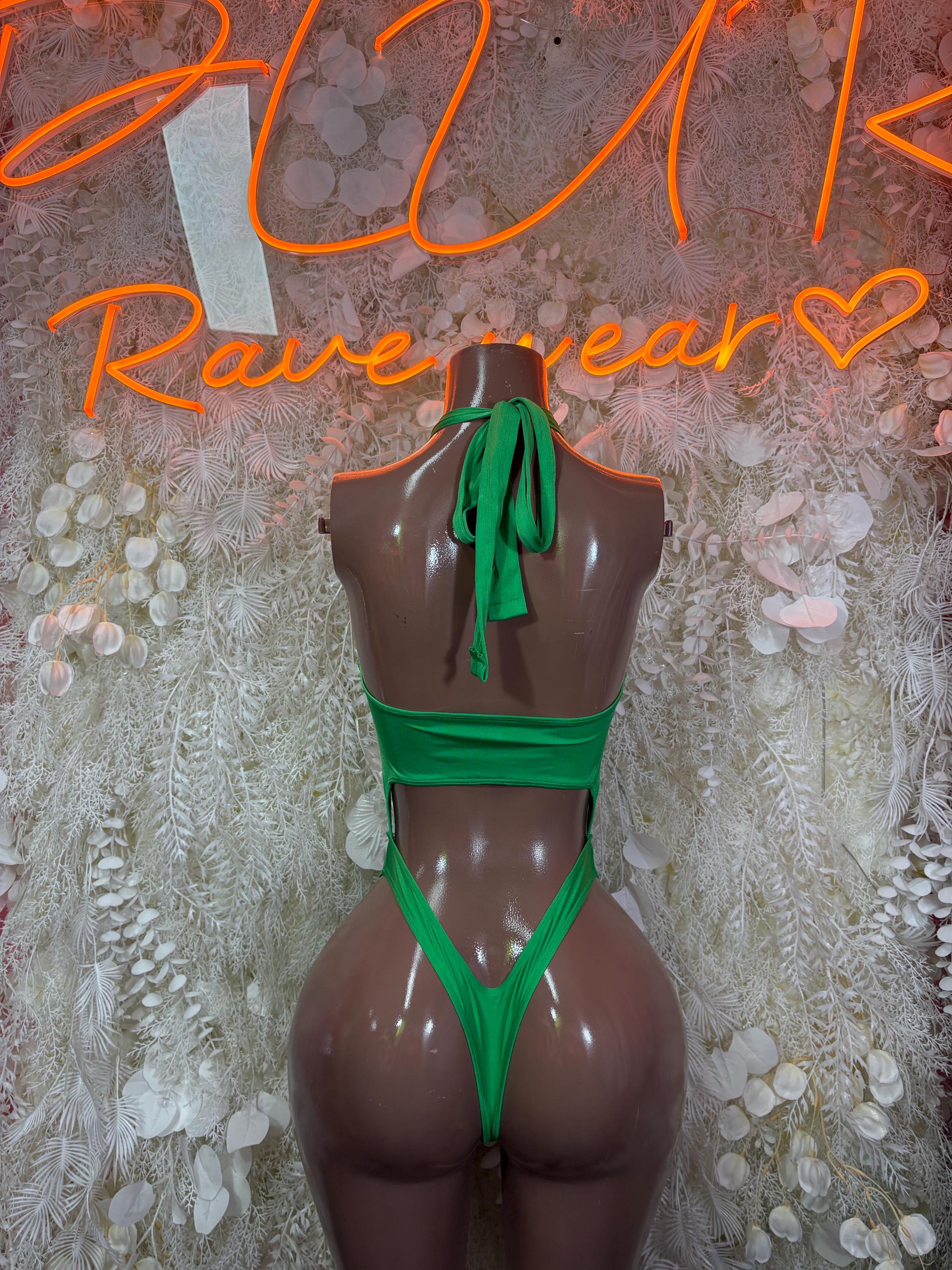 Green backless rave bodysuit with halter ties and thong-style bottom
