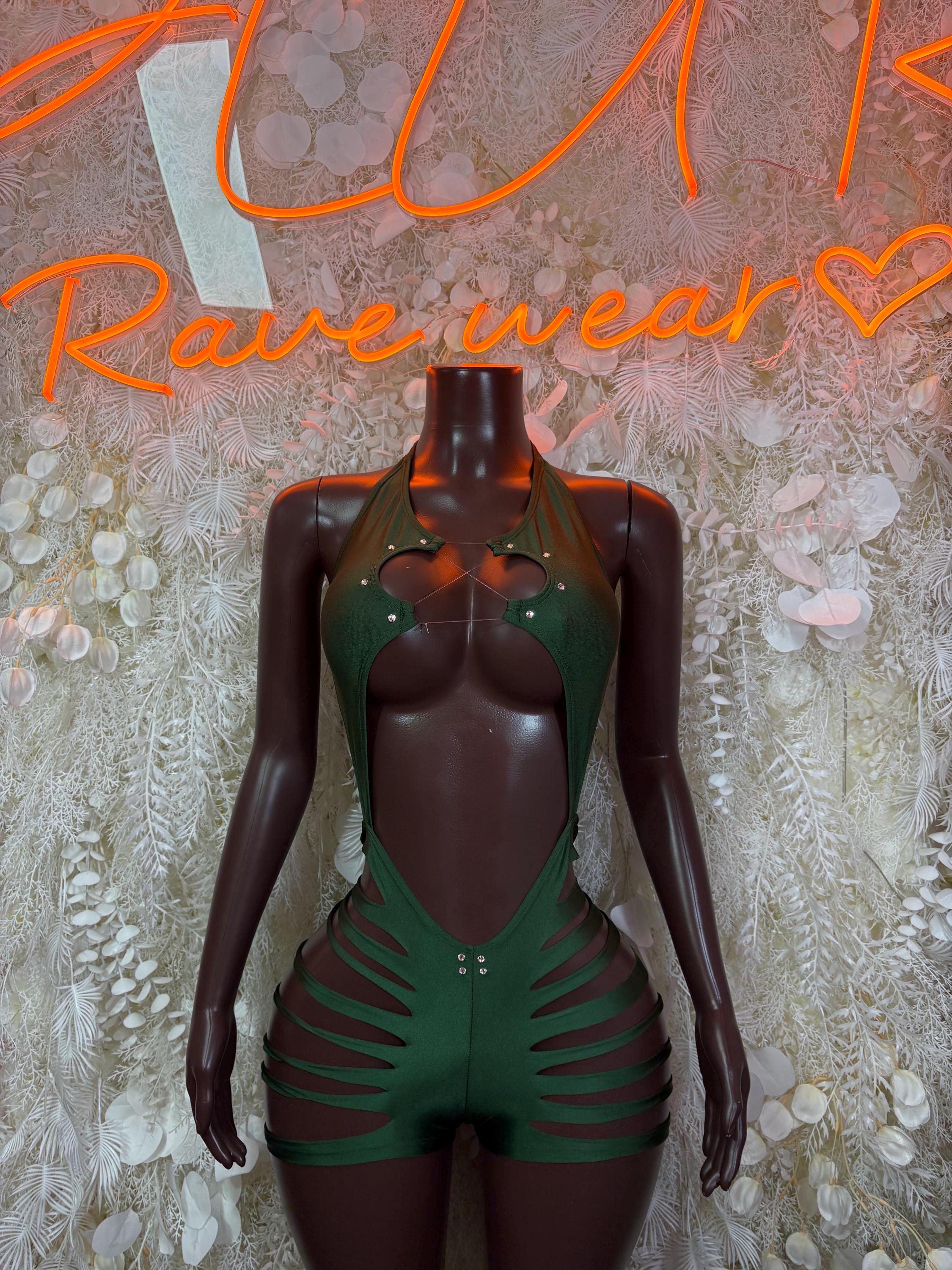 Green one-piece rave bodysuit with V neckline, striped side cutouts and snap-button front