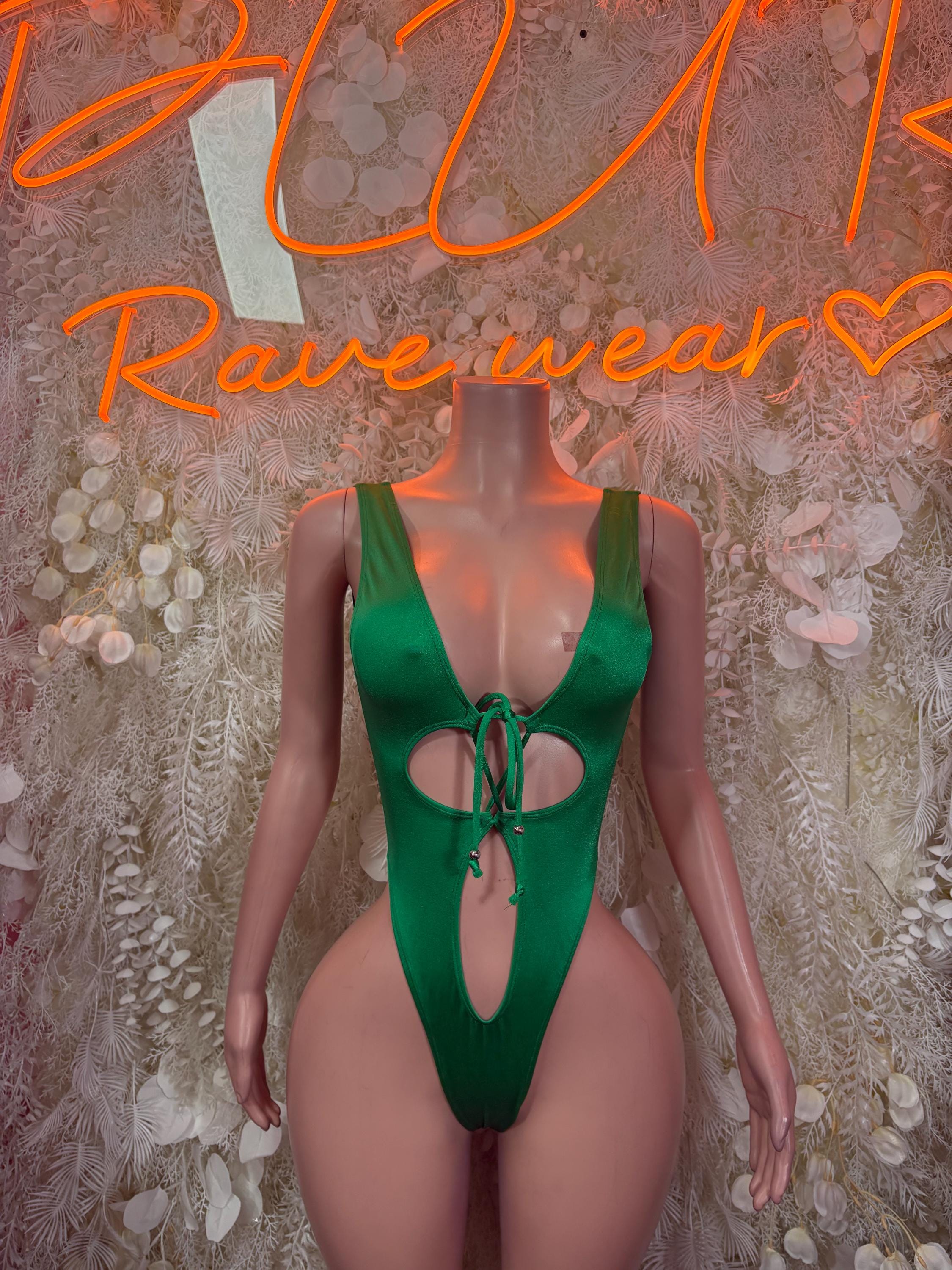Green festival bodysuit, one-piece with tie-front cutout and high-cut legs
