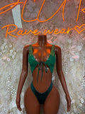 Green metallic one-piece bodysuit with tie-front and high-cut leg