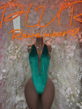 Green velvet bodysuit with deep V neckline, cutout center, one-piece ravewear