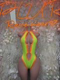 Neon green bodysuit with orange trim, halter neck and high-cut sides