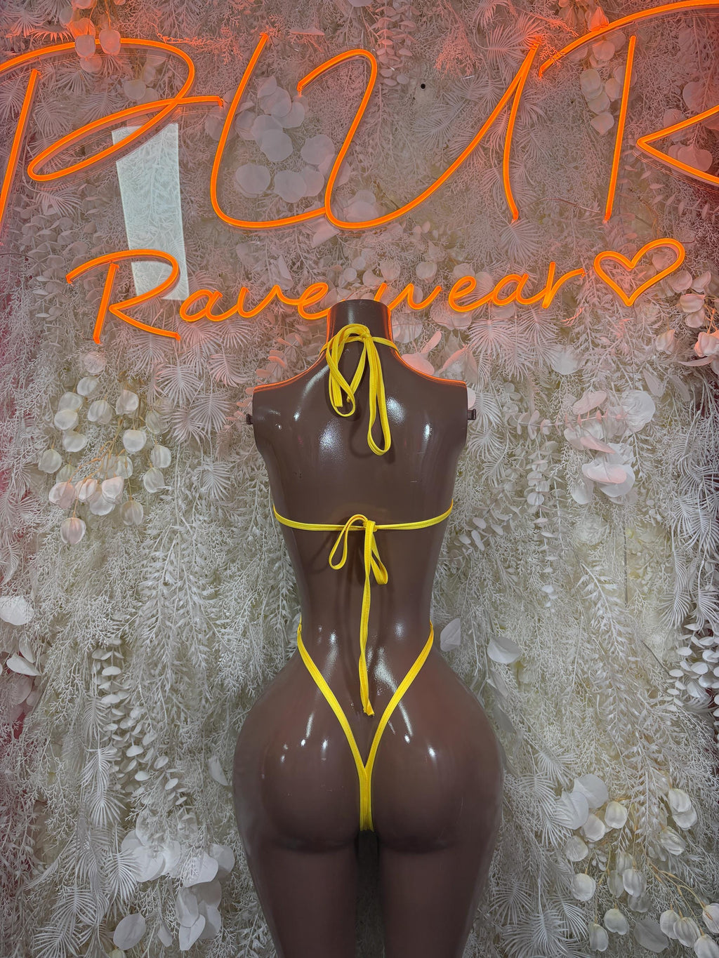 Yellow metallic bodysuit with tie halter straps and minimal front cutout
