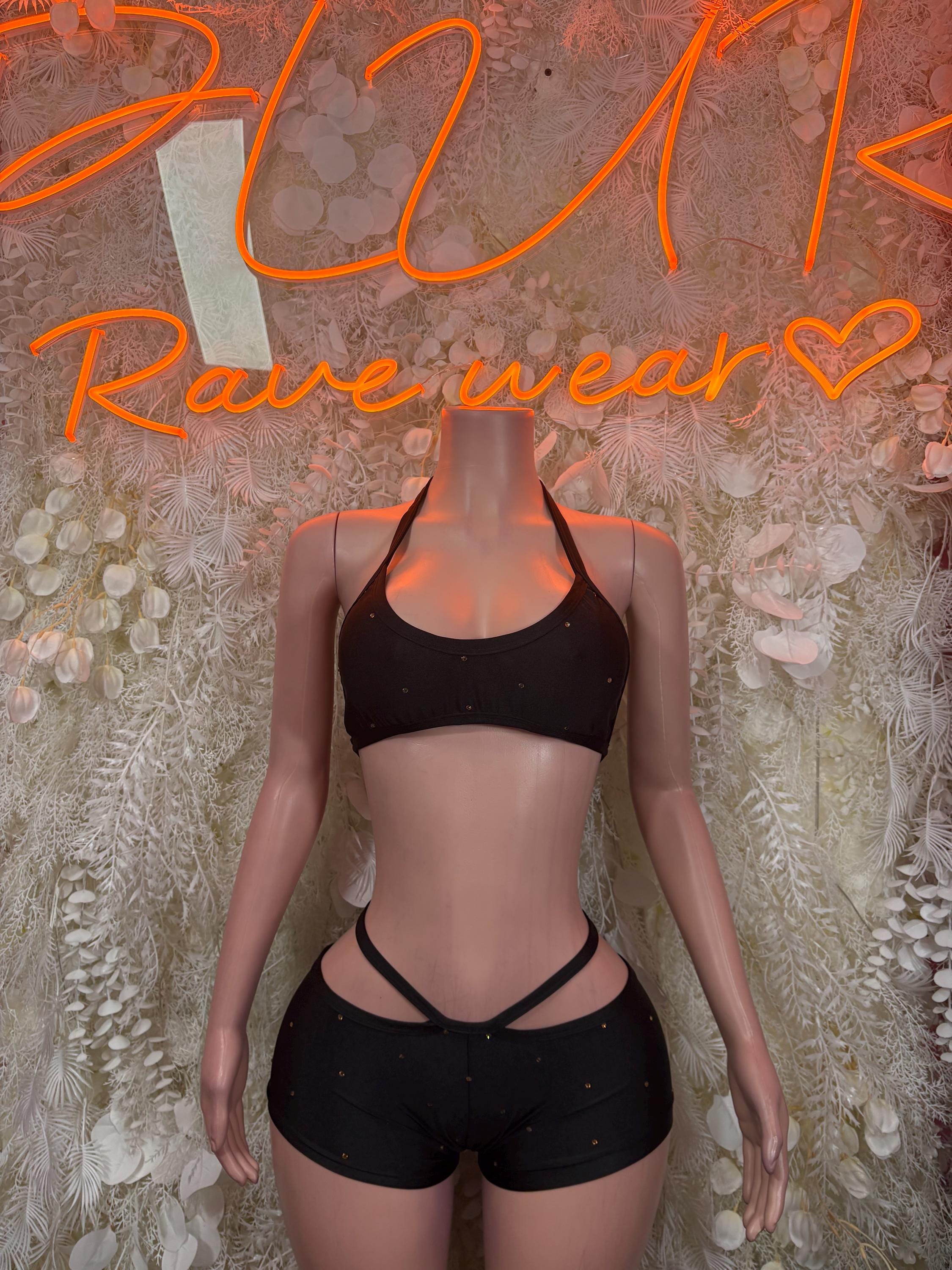 Black festival bodysuit set: strappy bra top and matching high-cut bottoms