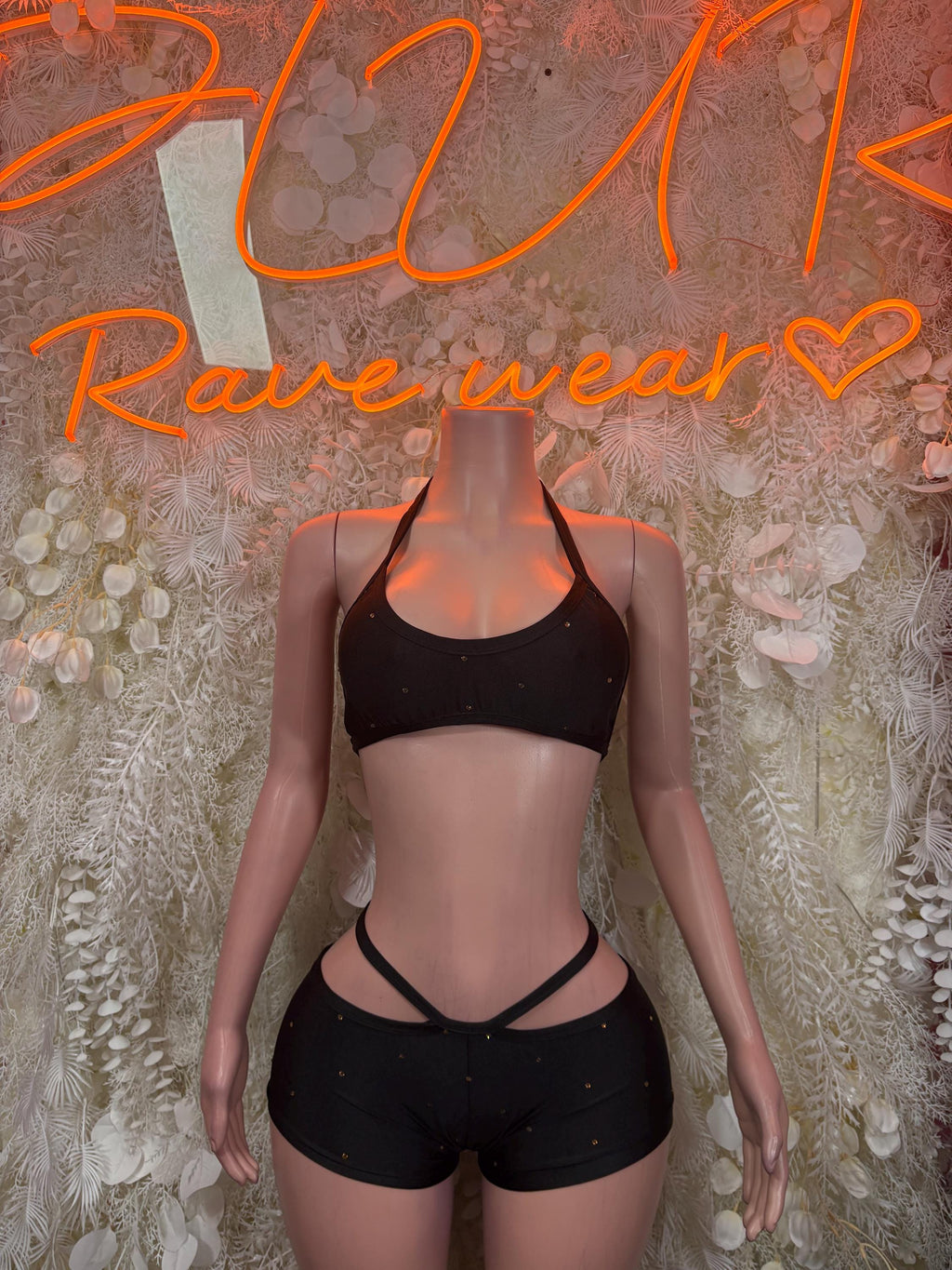 Black festival dancewear set: halter bra top with matching high-cut shorts
