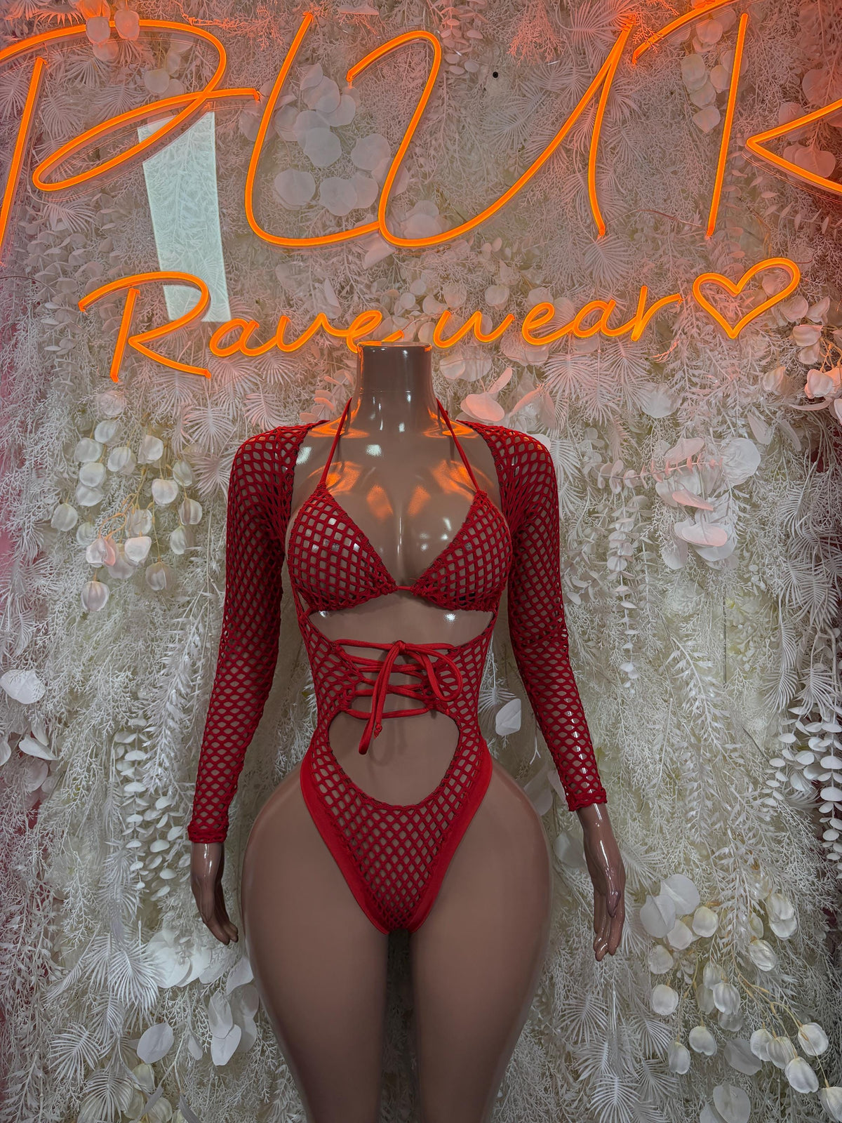 Bottlegirl Red Fishnet Bodysuit - Bottle Service Outfit, Rave Festival Clubwear One Piece Dancewear