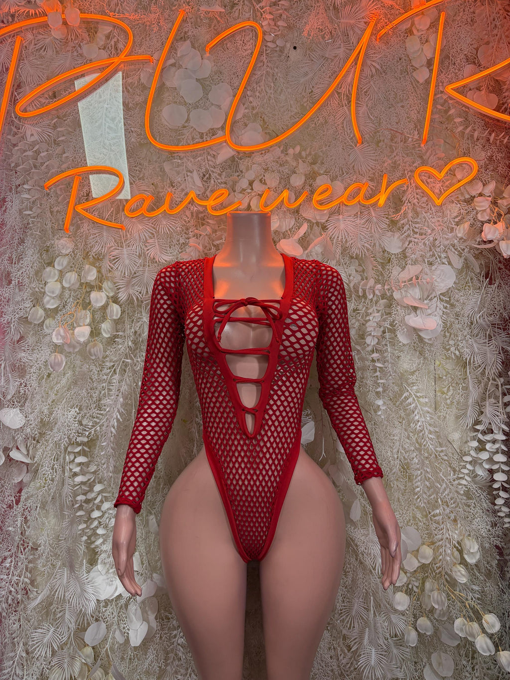Bottlegirl Red Fishnet Bodysuit - Bottle Service Outfit, Rave Festival Clubwear One Piece Dancewear