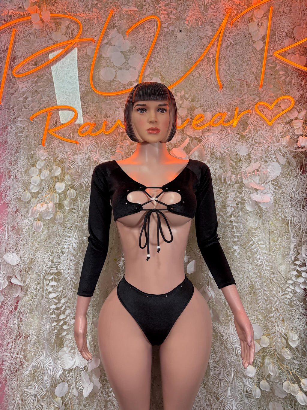 Rave Outfit - Two Piece Black Bodysuit Festival Outfit Dancewear, Party Clubwear