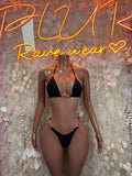 Black two-piece bikini: triangle bra top and high-cut bottoms with side ties.