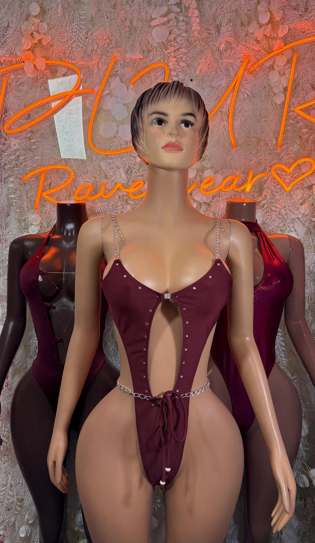 Burgundy Bodysuit Rave Festival Outfit Women - Exotic Dancewear Stripper Clubwear Bottle Girl Ravewear - image 3