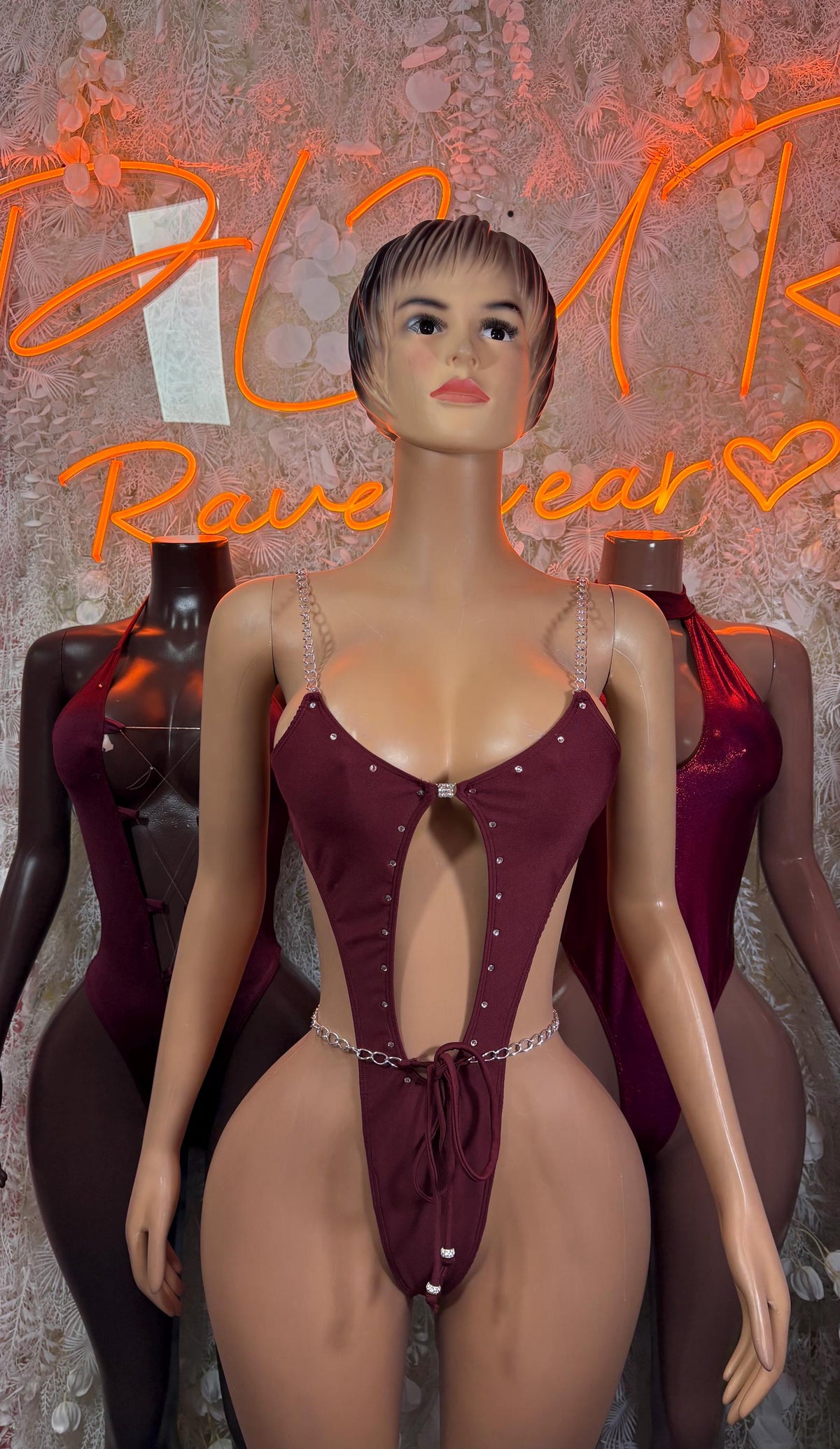 Burgundy Bodysuit Rave Festival Outfit Women - Exotic Dancewear Stripper Clubwear Bottle Girl Ravewear - image 3