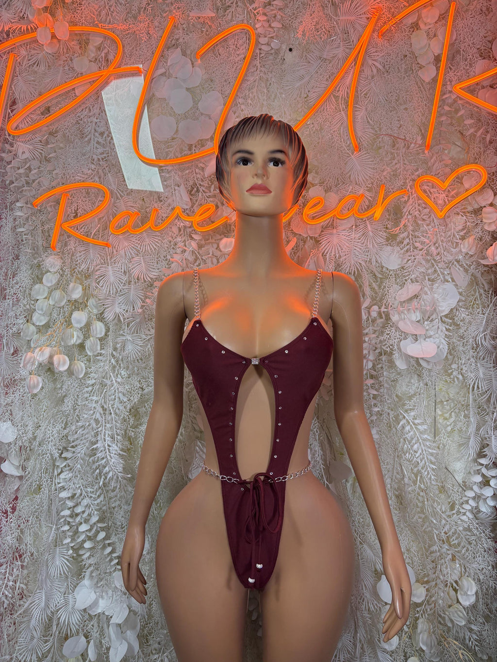 Burgundy Bodysuit Rave Festival Outfit Women - Exotic Dancewear Stripper Clubwear Bottle Girl Ravewear