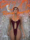 Burgundy Bodysuit Rave Festival Outfit Women - Exotic Dancewear Stripper Clubwear Bottle Girl Ravewear