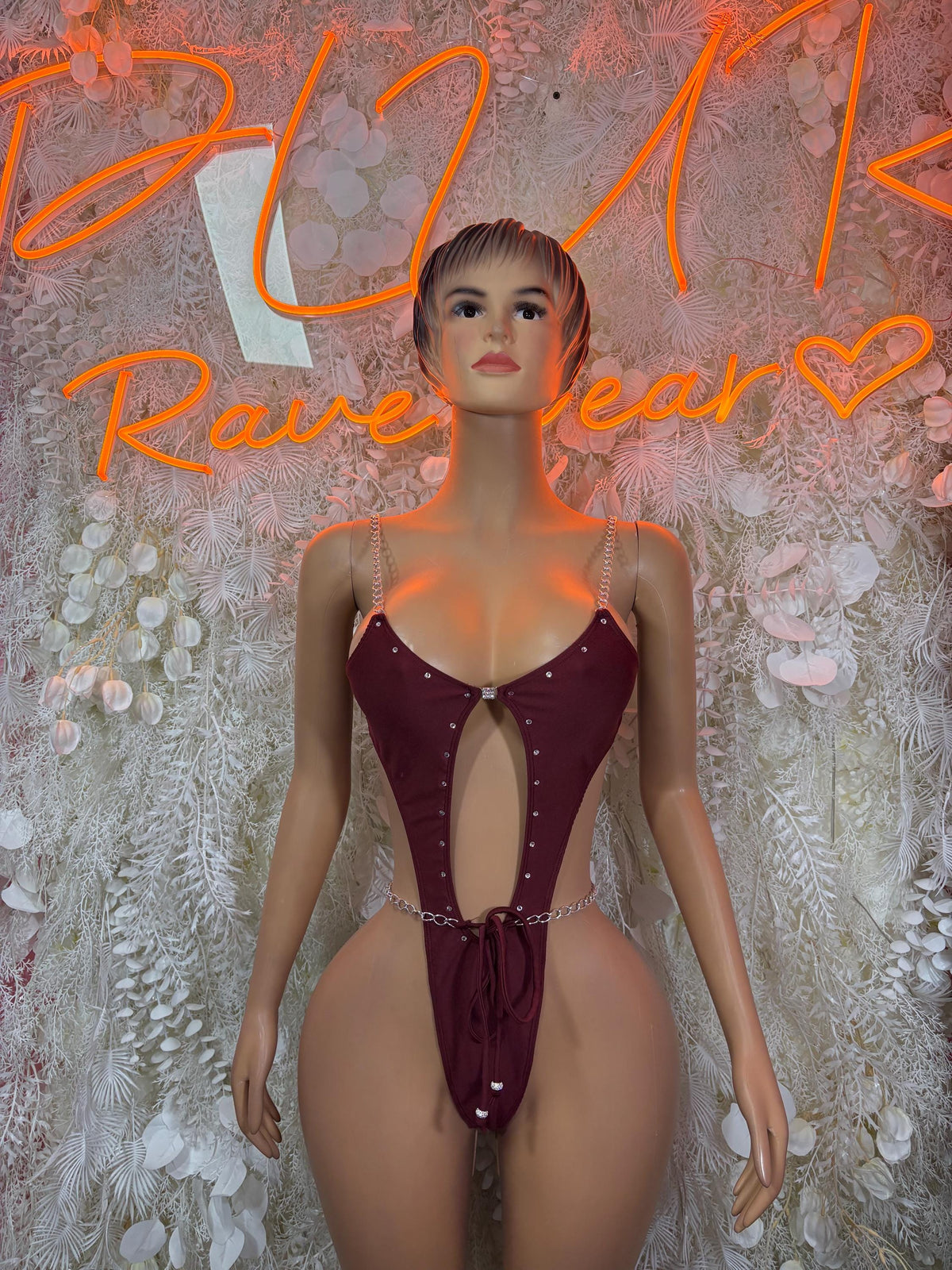 Burgundy Bodysuit Rave Festival Outfit Women - Exotic Dancewear Stripper Clubwear Bottle Girl Ravewear