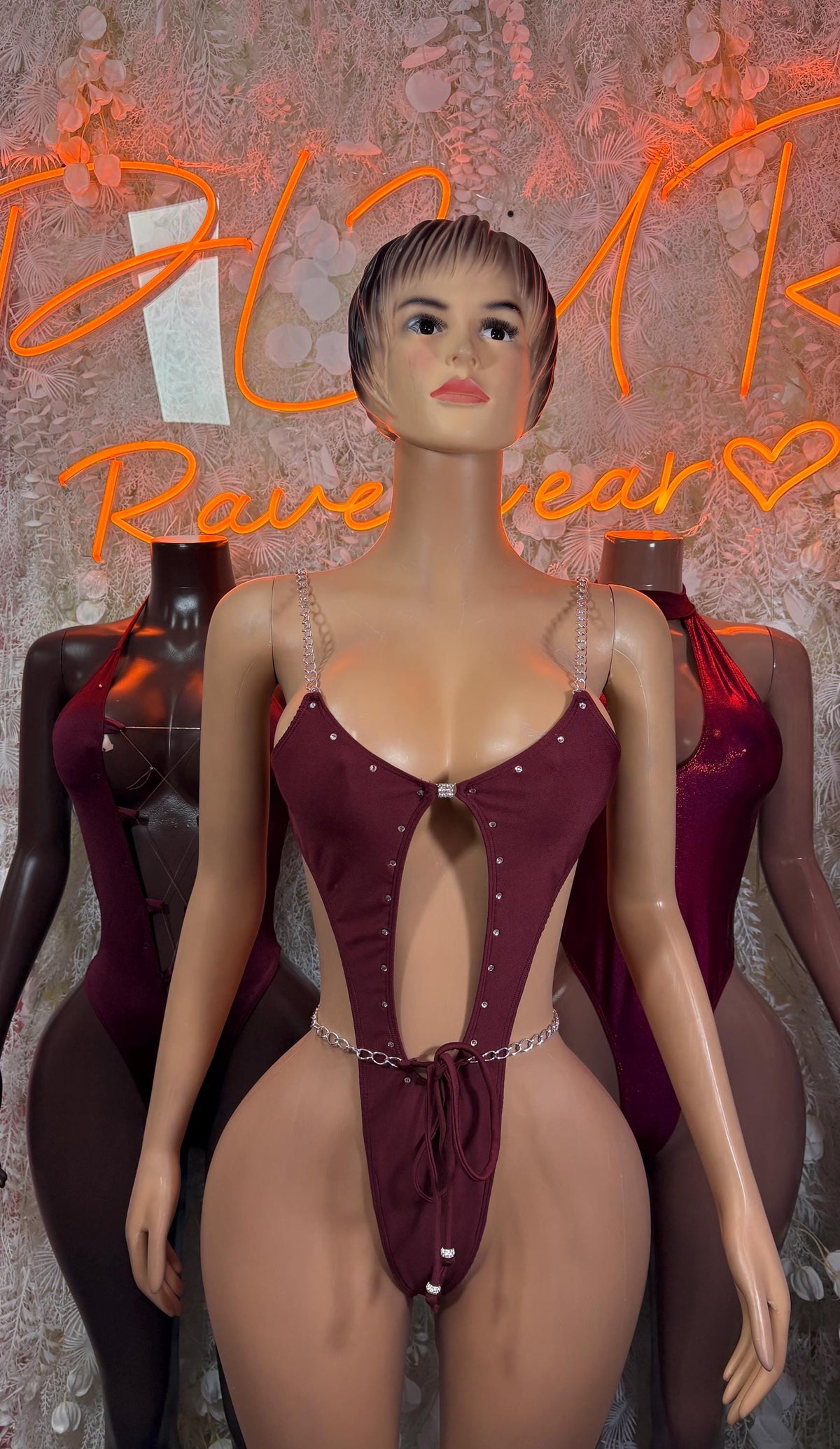 Burgundy Bodysuit Rave Festival Outfit Women - Exotic Dancewear Stripper Clubwear Bottle Girl Ravewear - image 3