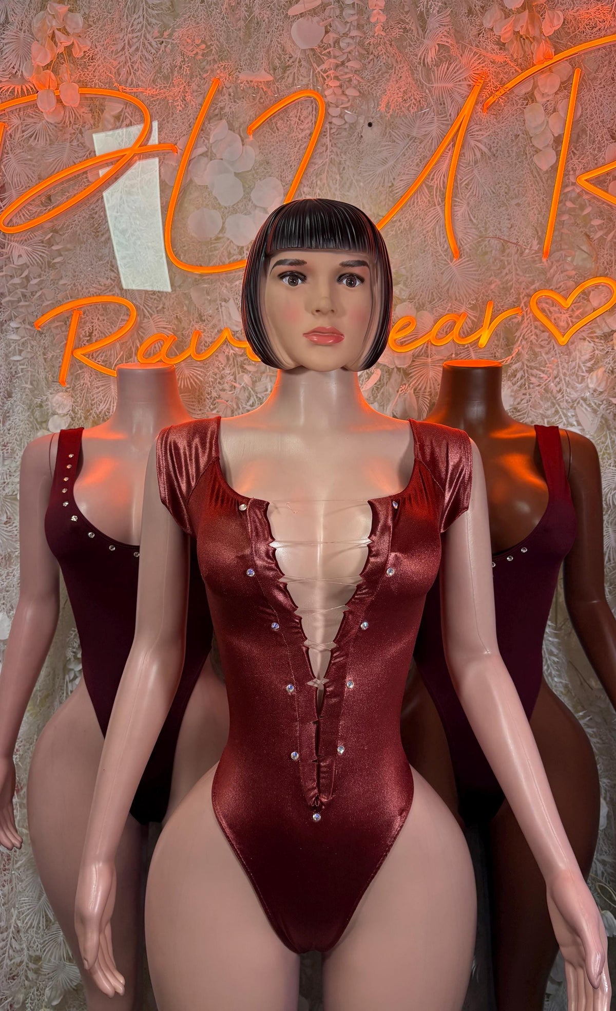 Burgundy Bodysuit Rave Festival Outfit Women - Exotic Dancewear Stripper Clubwear Bottle Girl Ravewear - image 3