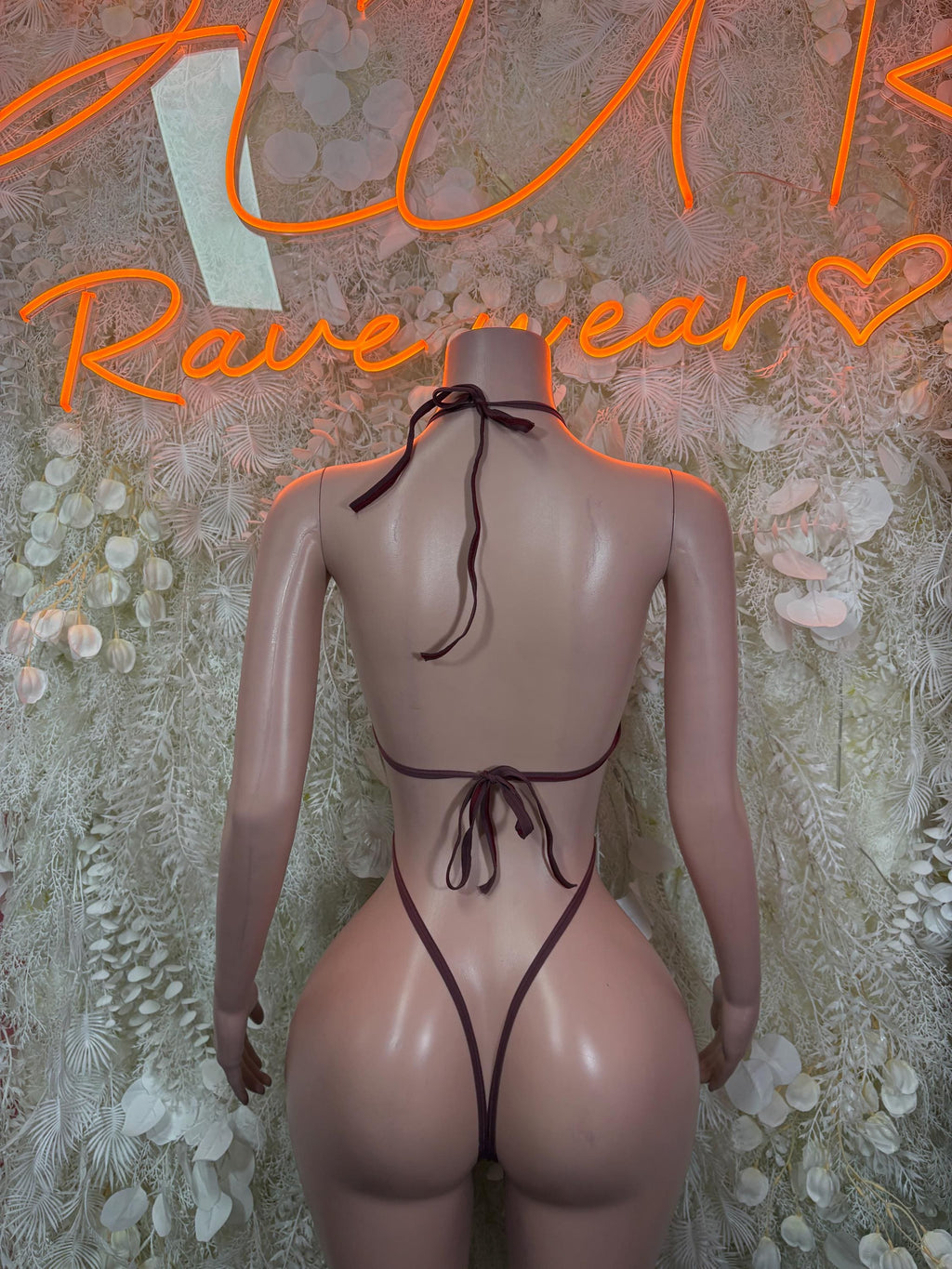 Backless burgundy glitter thong bodysuit with tie-back straps