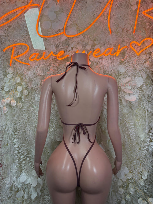 Backless burgundy glitter thong bodysuit with tie-back straps