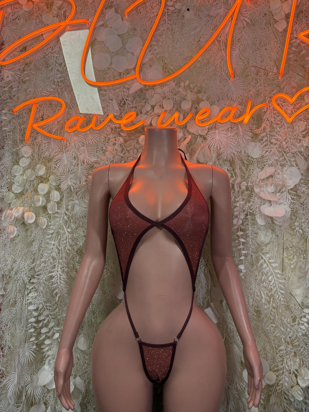 Burgundy glitter thong bodysuit with halter straps and cutout front