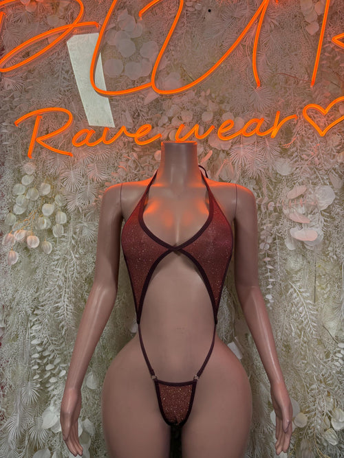 Burgundy glitter thong bodysuit with halter straps and cutout front