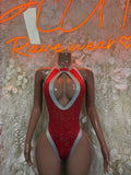 Red glitter bodysuit with halter neckline and light blue trim, keyhole cutout