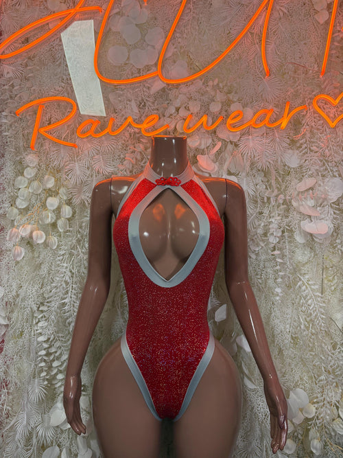 Red glitter bodysuit with halter neckline and light blue trim, keyhole cutout