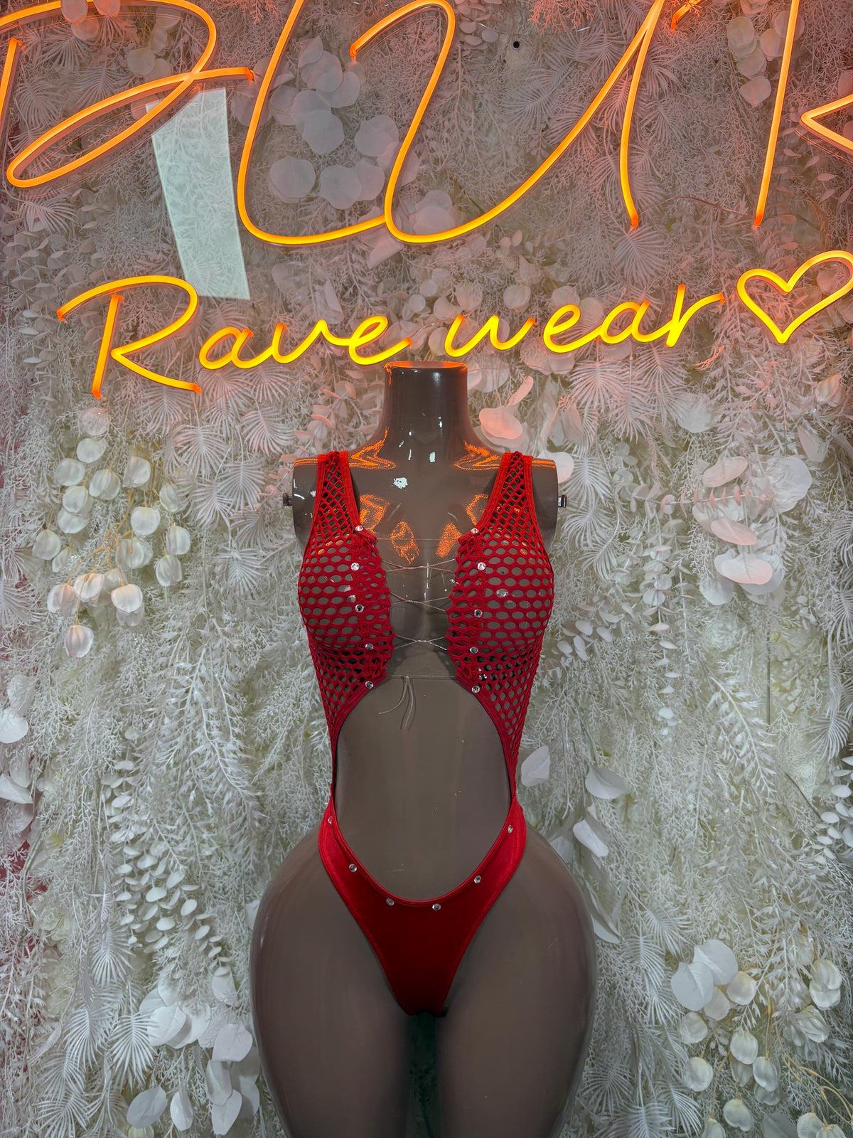 Rave Bodysuit Red Festival Outfit Women - Exotic Dancewear Clubwear Bottle Girl