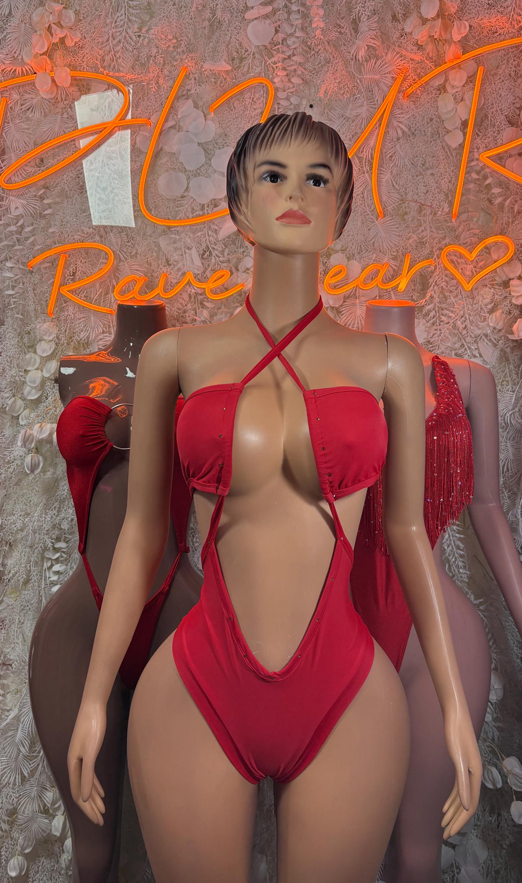 Red Bodysuit Festival Outfit - Exotic Dancewear Clubwear Bottle Girl - image 3