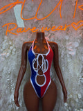 Dominican flag bodysuit with red, blue and white panels; lace-up front