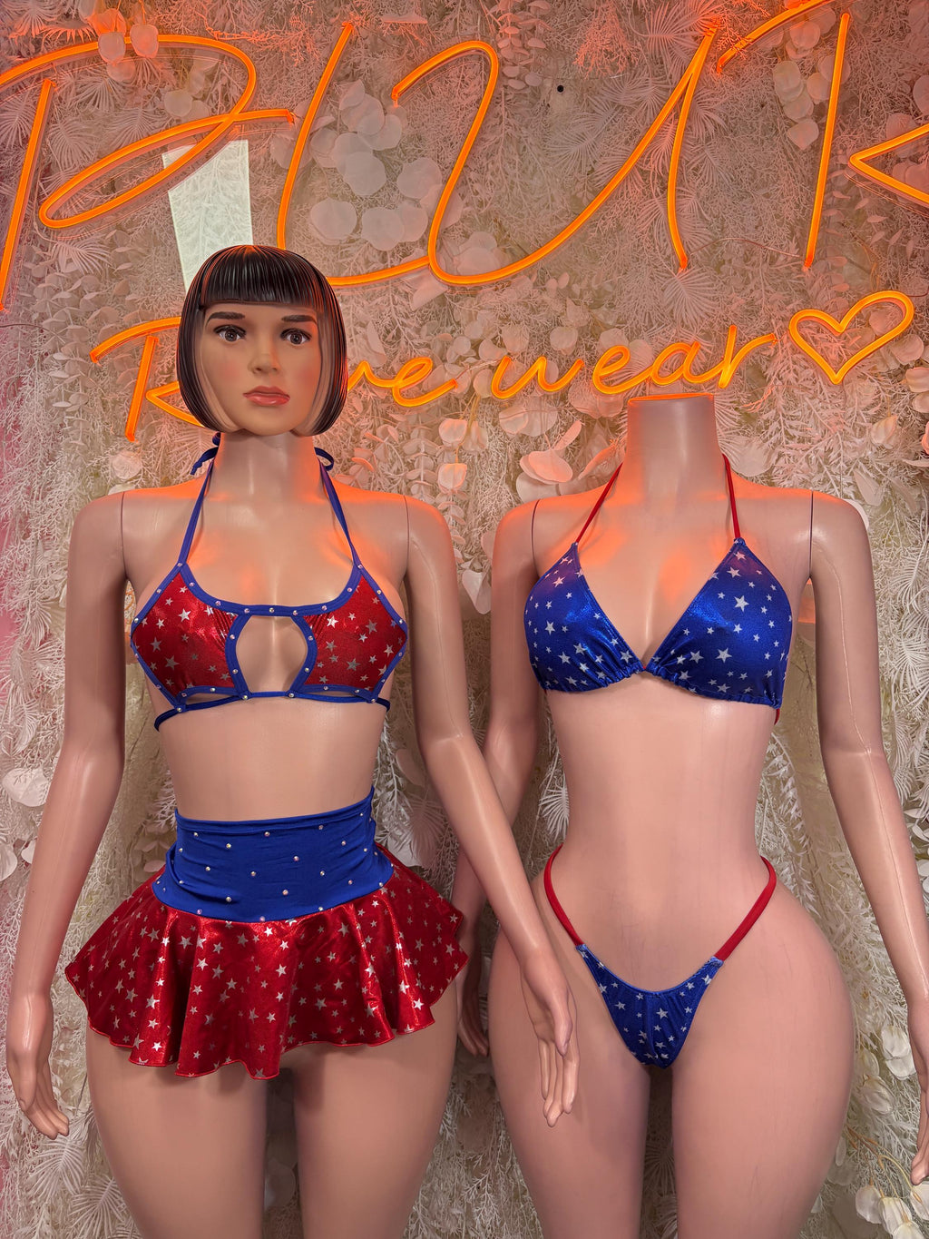 Two-piece skirt set with blue star bikini top and red ruffled star skirt, front view