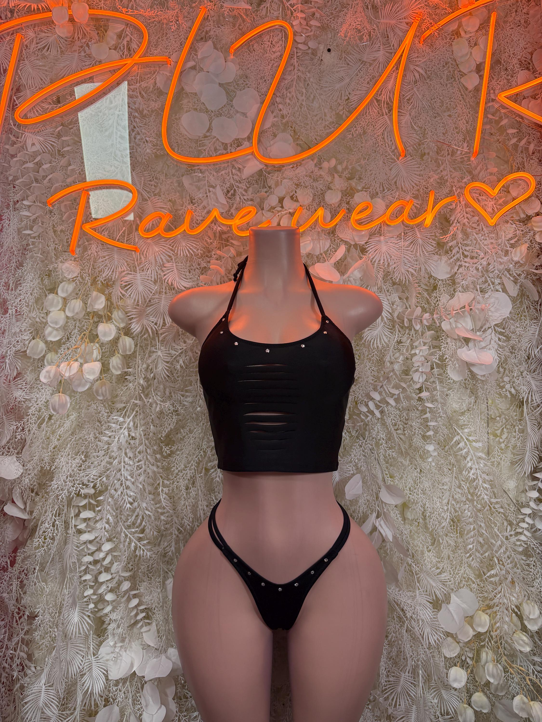 Black bikini set: ruched halter crop top with string high-cut bottoms