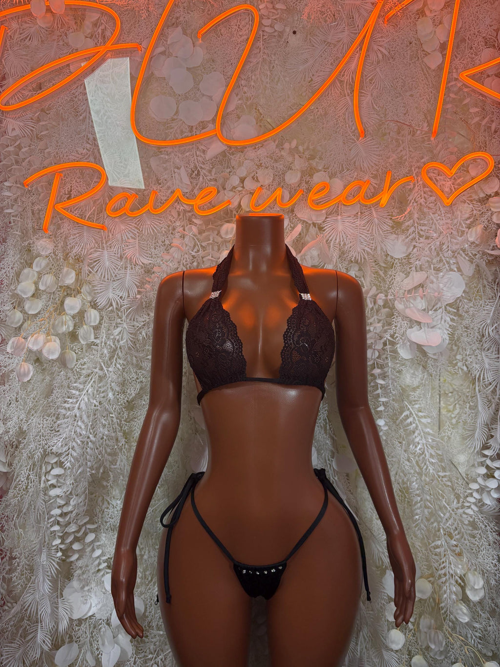 Black lace bikini set: triangle bra and string thong bottoms