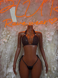 Black lace bikini set: triangle bra and string thong bottoms