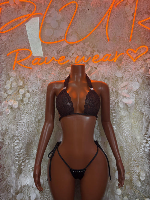 Black lace bikini set: triangle bra and string thong bottoms