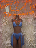 Blue two-piece rave set with halter bra top and matching fringe high-cut bottom