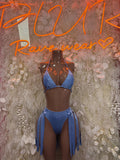 Blue two-piece festival set with triangle bra, tie sides, and fringe bottom