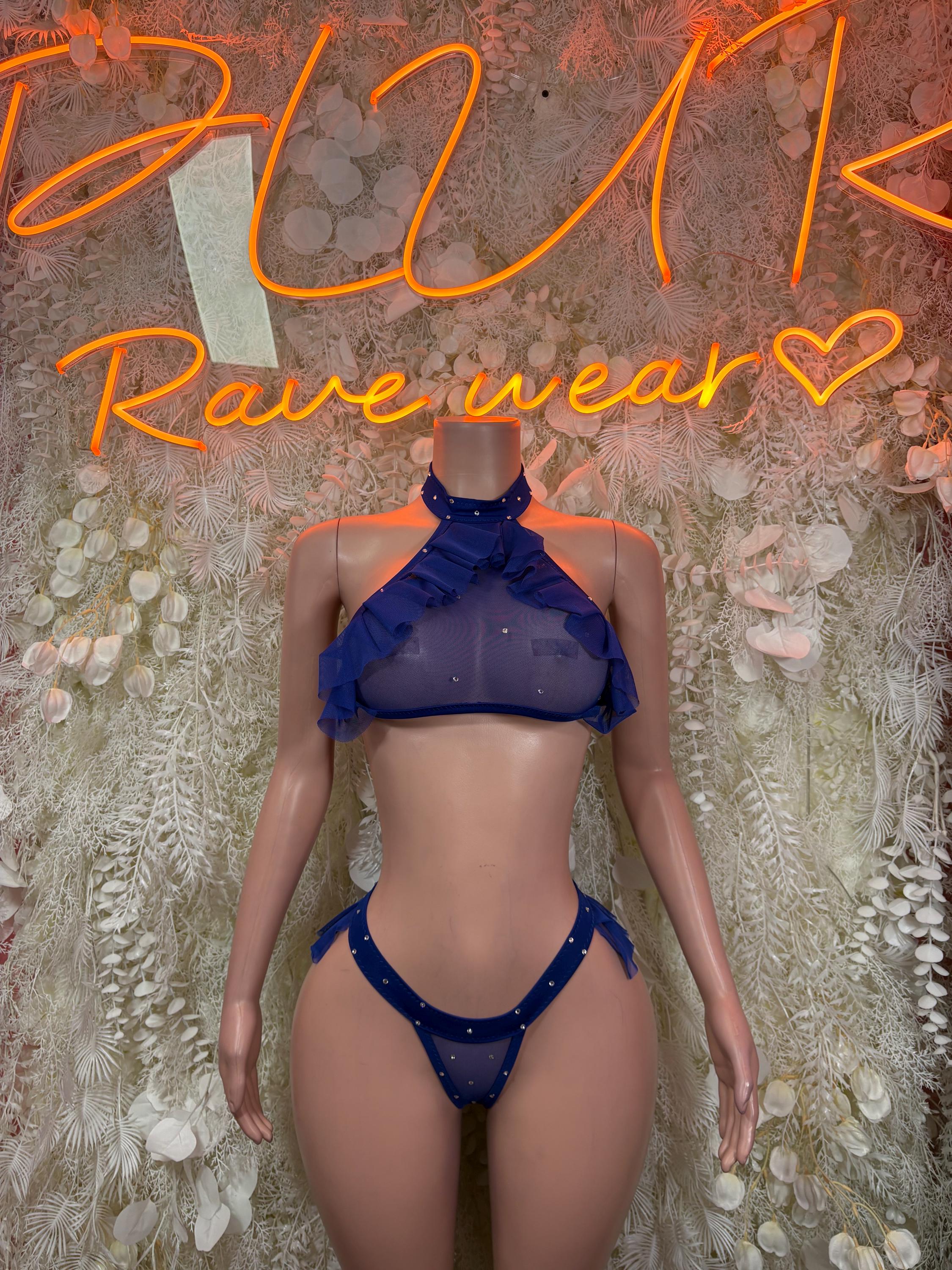 Royal blue two-piece bikini set with halter top and high-leg bottoms, ruffled accents.