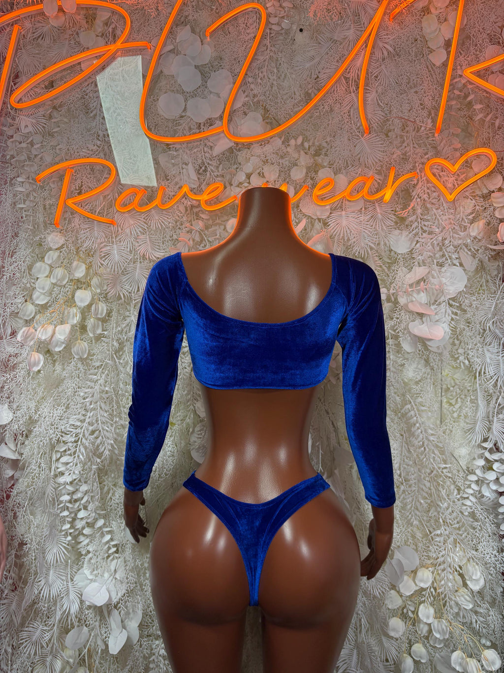 Royal blue velvet two-piece dancewear set with long sleeves and high-cut bottoms