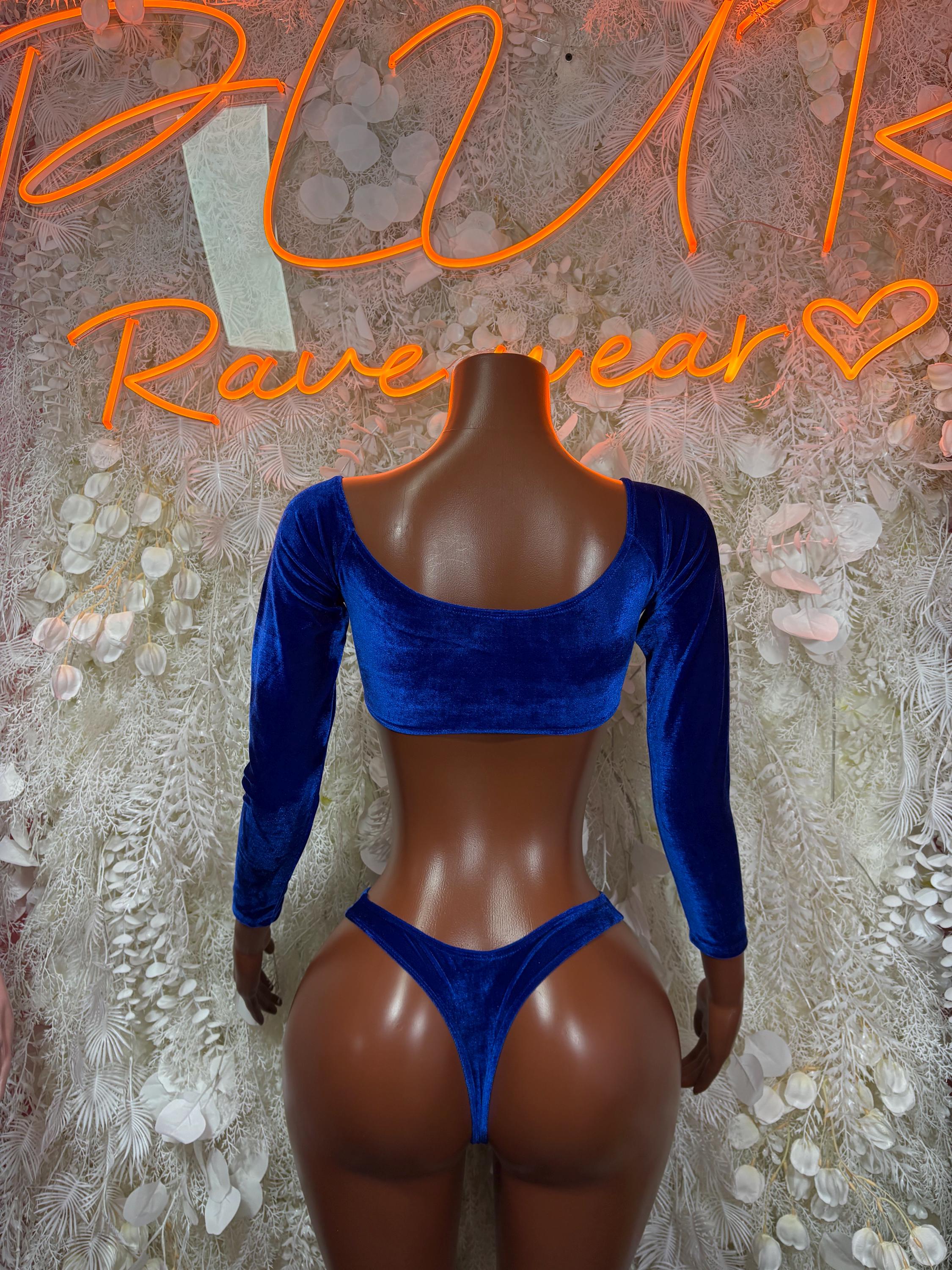 Royal blue velvet two-piece dancewear set with long sleeves and high-cut bottoms
