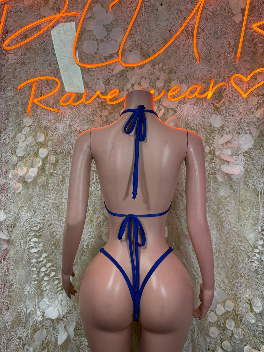 Royal blue tie-back string bikini set with rhinestone-speckled triangle top and bottoms