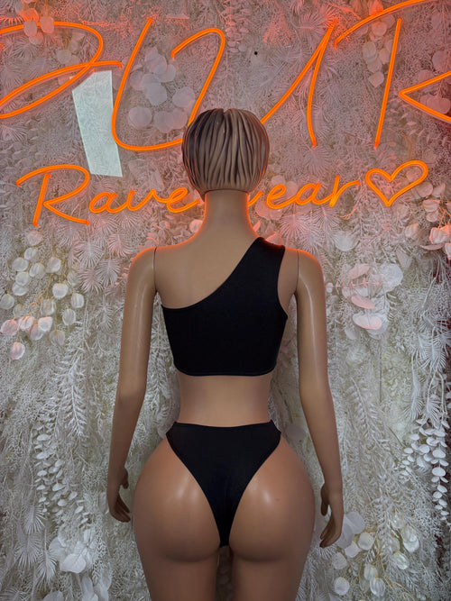 Black two-piece festival rave outfit, back view: halter bra and high-cut bottoms
