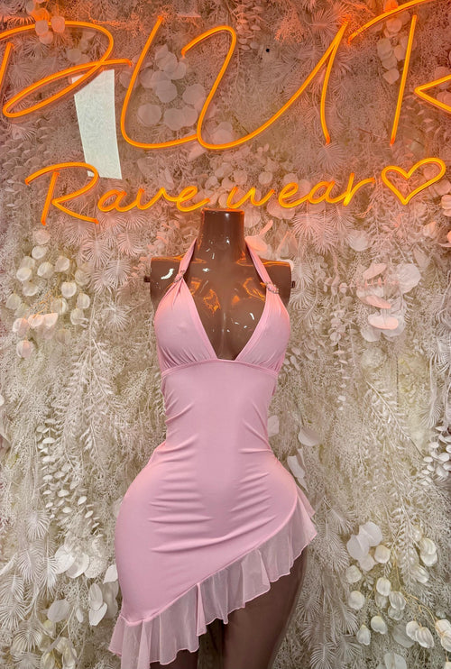 Light pink halter mini dress with V-neck, ruched bodice and layered ruffle hem