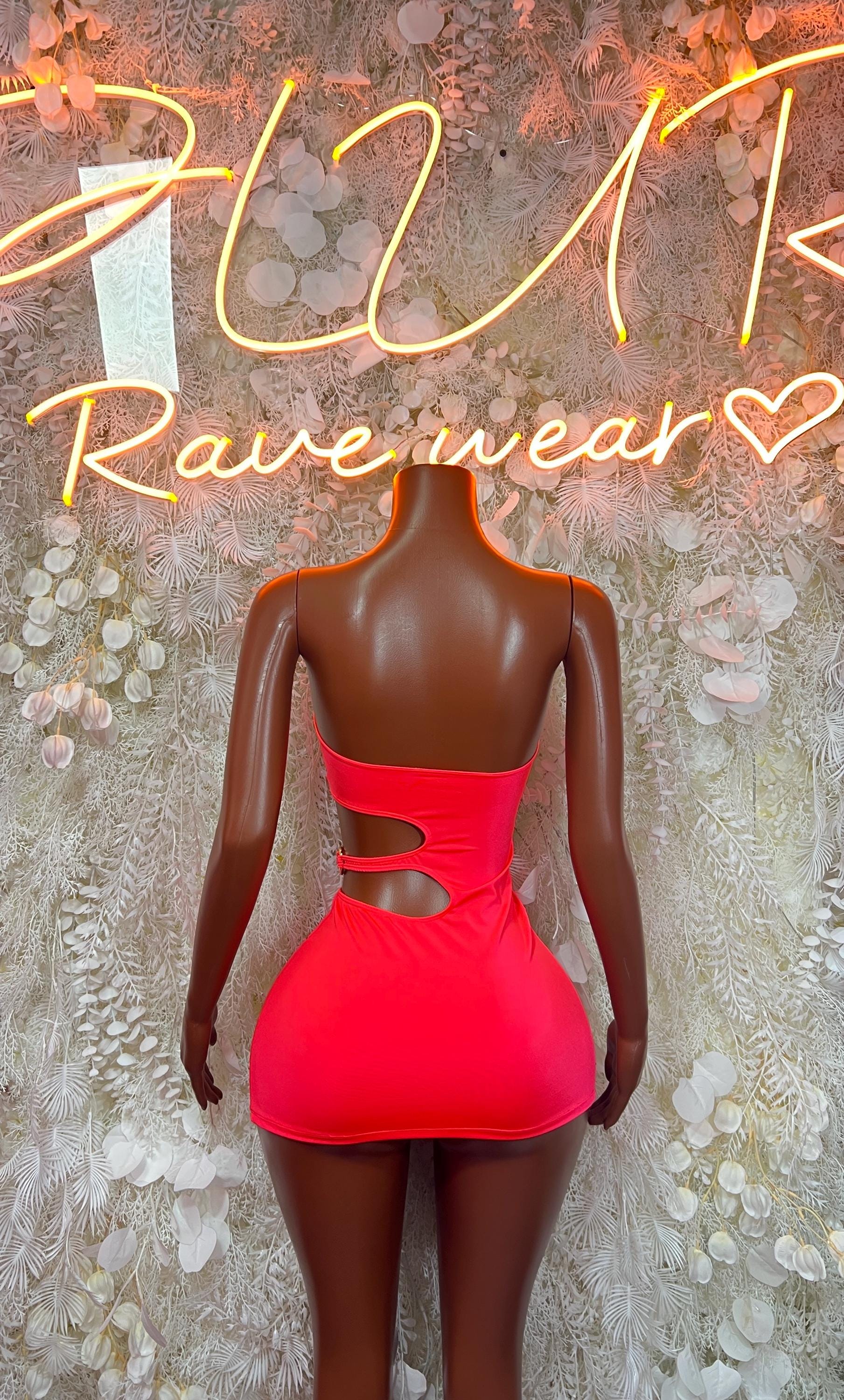 Pink strapless mini dress with back cutout and ruched fabric