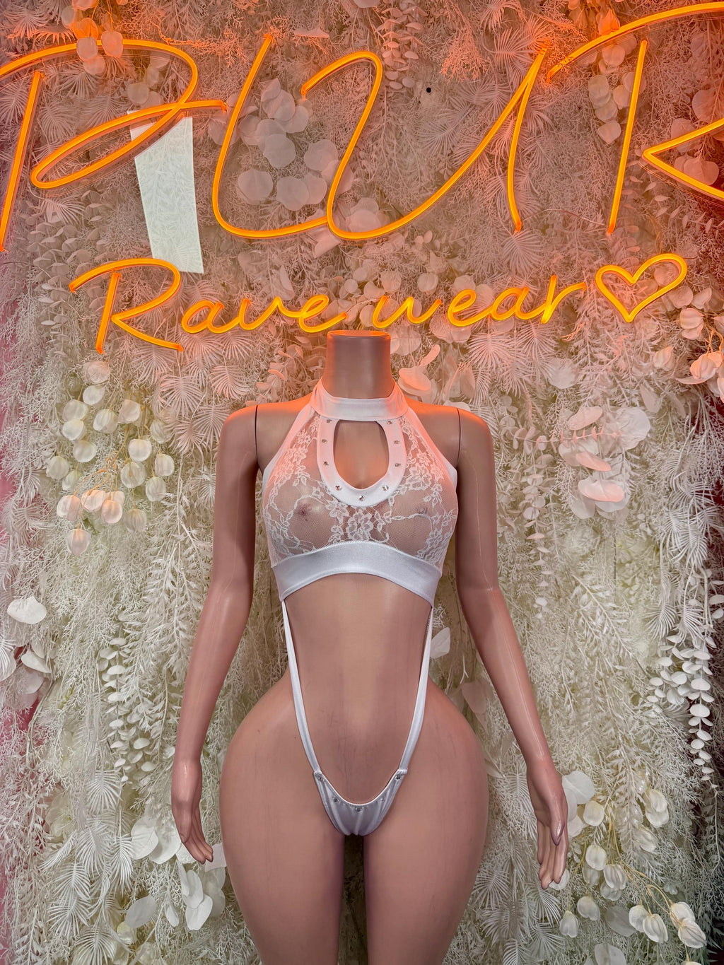 White mesh bodysuit lingerie with keyhole chest panel and thong straps