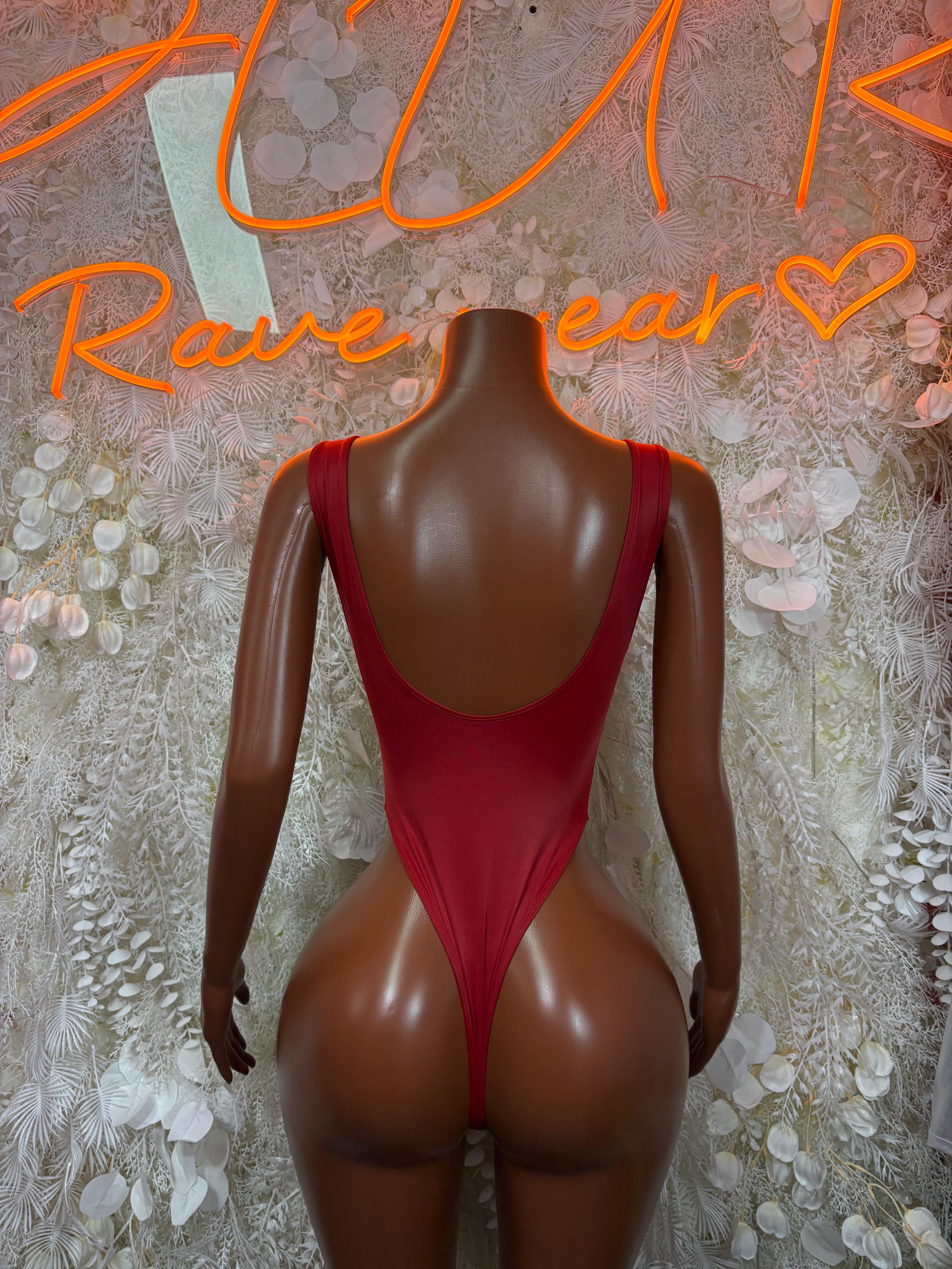 Red backless bodysuit with wide straps and centered back opening