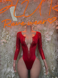 Red Bartender Bodysuit Women - Bottle Service Outfit, Rave Festival Clubwear, Sexy One Piece Dancewear