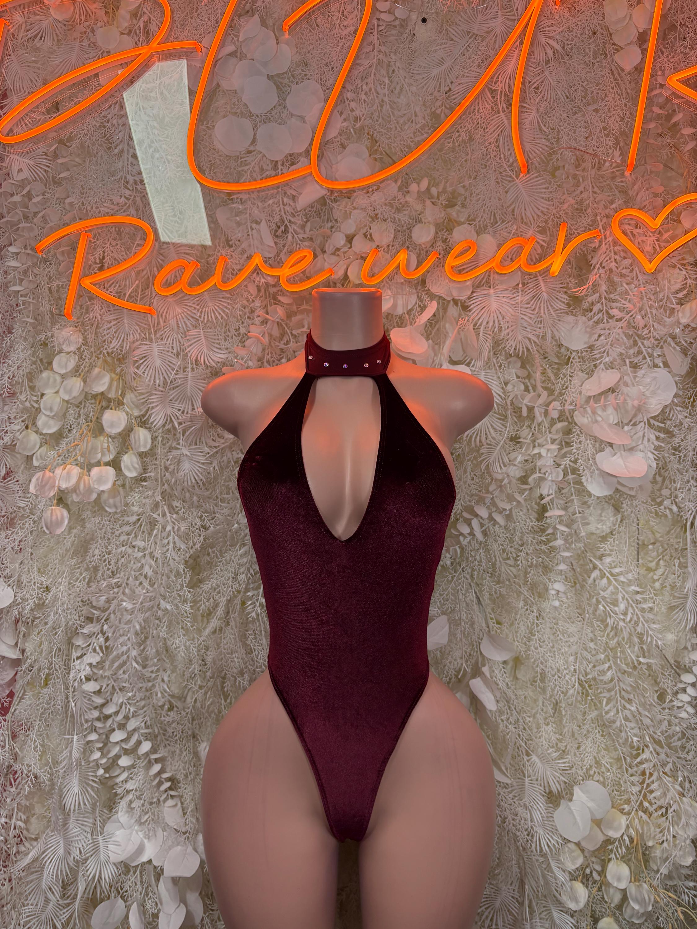 Burgundy velvet halter bodysuit with deep V keyhole front