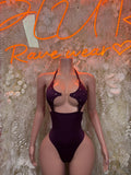Purple sleeveless bodysuit with halter neckline and starry cutout bra cups