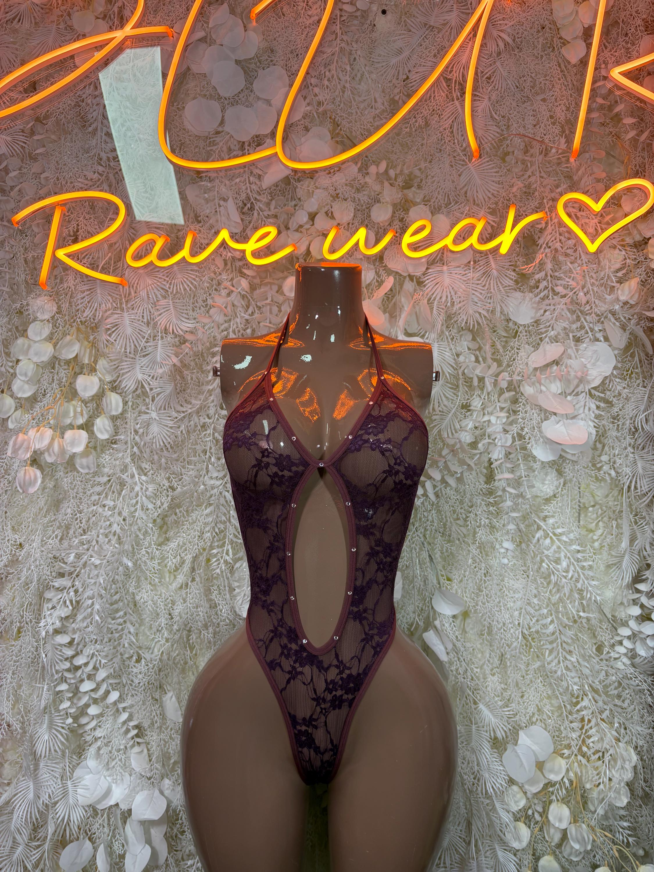 Purple lace festival bodysuit with sheer mesh panels and thong back, halter straps