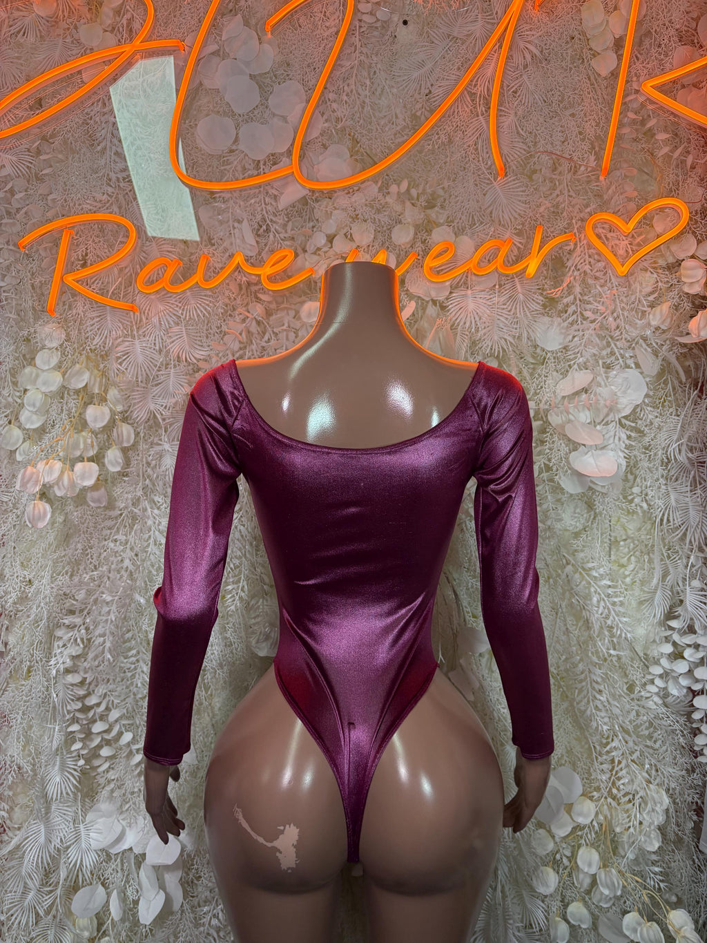 Purple metallic scoop-neck bodysuit with long sleeves and fitted darts
